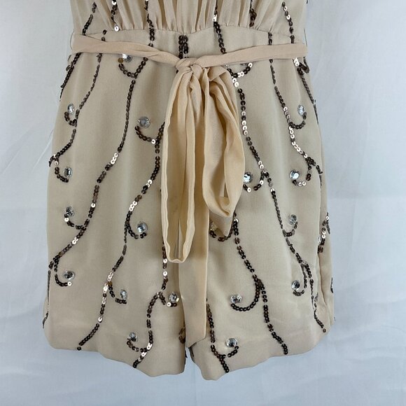 Shail K. Romper 2 Cream Brown Sequin Rhinestones Lined Short Sleeve Tie Waist - Picture 6 of 14